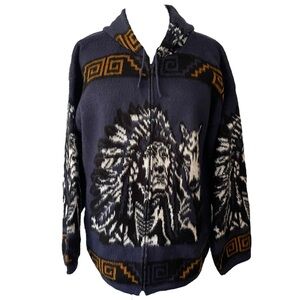 Tejidos Ruminahui Horse Hooded Wool Sweater Jacket Navy, Black & White Sz: XL